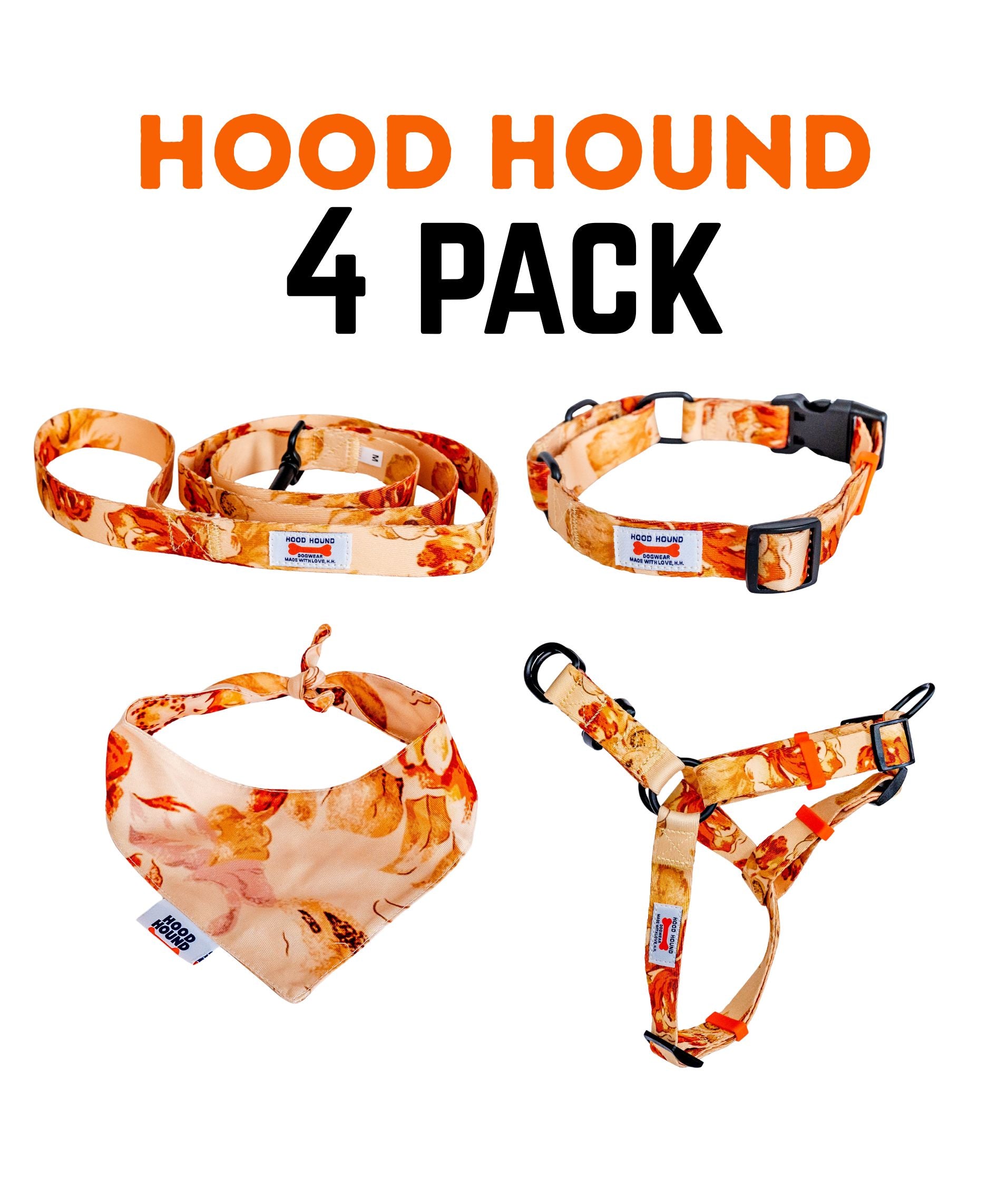 4 Pack Dog Bandana | Hood Hound | Collar Leash Harness Bandana