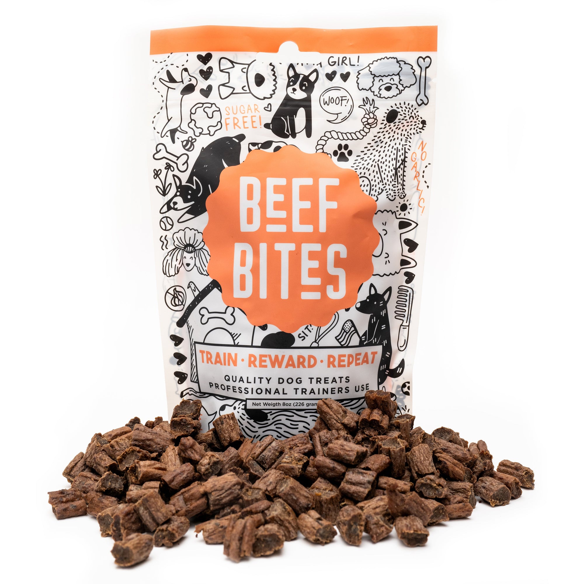 HoodHound Beef Bites training treats with opened bag and beef nibs displayed – healthy dog snacks made in the USA