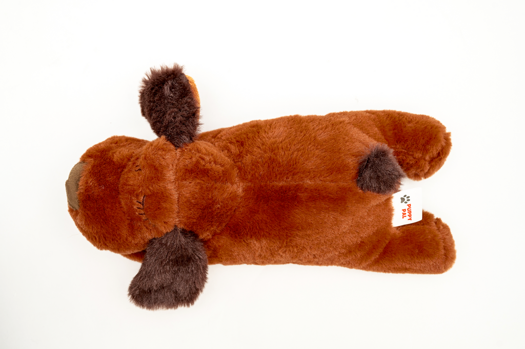Single brown plush dog toy with dark brown ears and paws, laid flat on a white background to display its soft, fuzzy texture and playful shape.