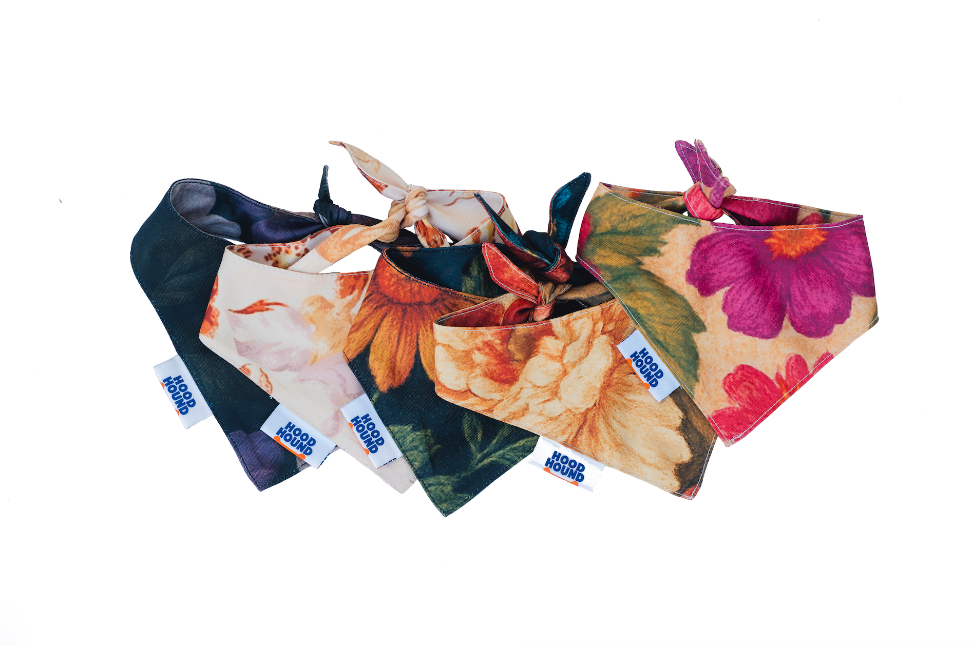 Group photo featuring Off the Vine dog bandana along with all Hood Hound designs