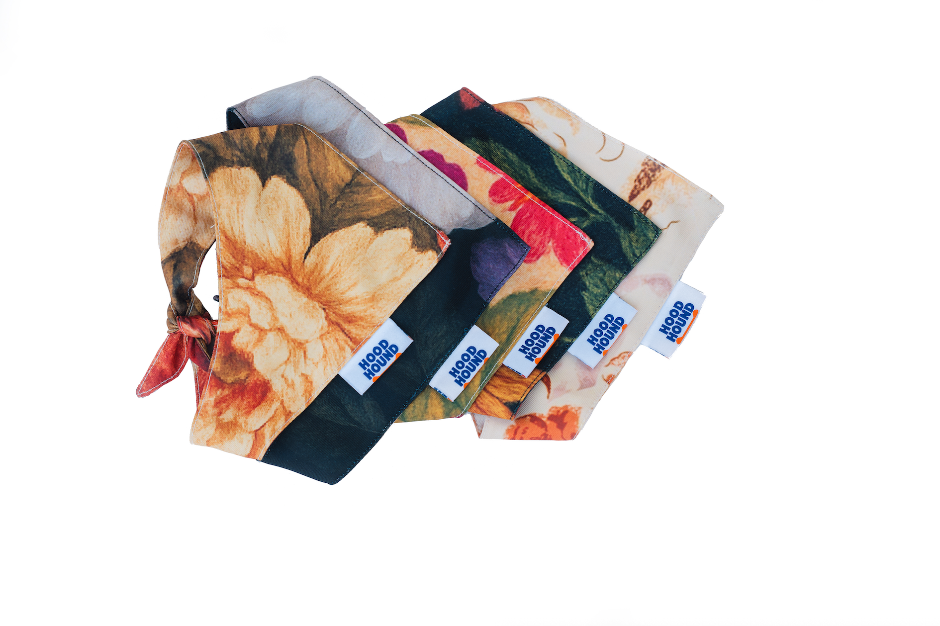 All Hood Hound bandanas displayed together with Off the Vine dog bandana highlighted
